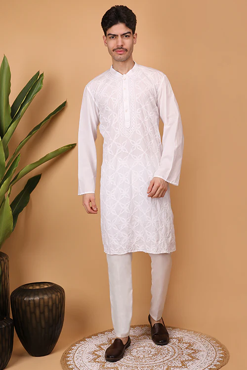 Shwet Men Cotton White Chikankari Men Kurta - 297 - Image 4