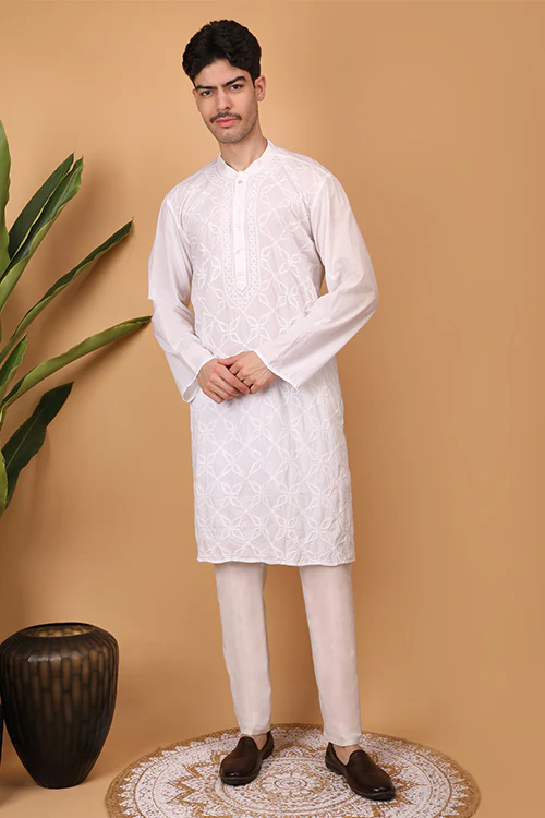 Shwet Men Cotton White Chikankari Men Kurta - 297 - Image 6