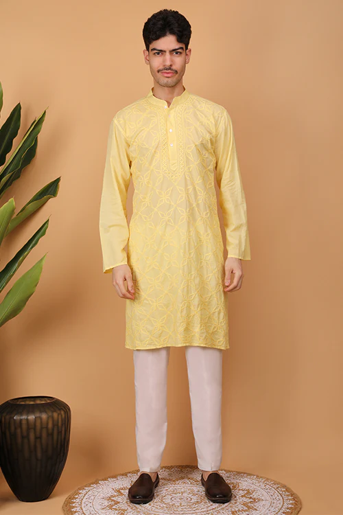 Shwet Men Cotton Yellow Chikankari Men Kurta - 302 - Image 3