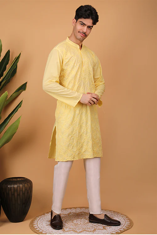 Shwet Men Cotton Yellow Chikankari Men Kurta - 302 - Image 4