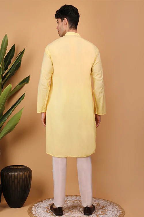 Shwet Men Cotton Yellow Chikankari Men Kurta - 302 - Image 5