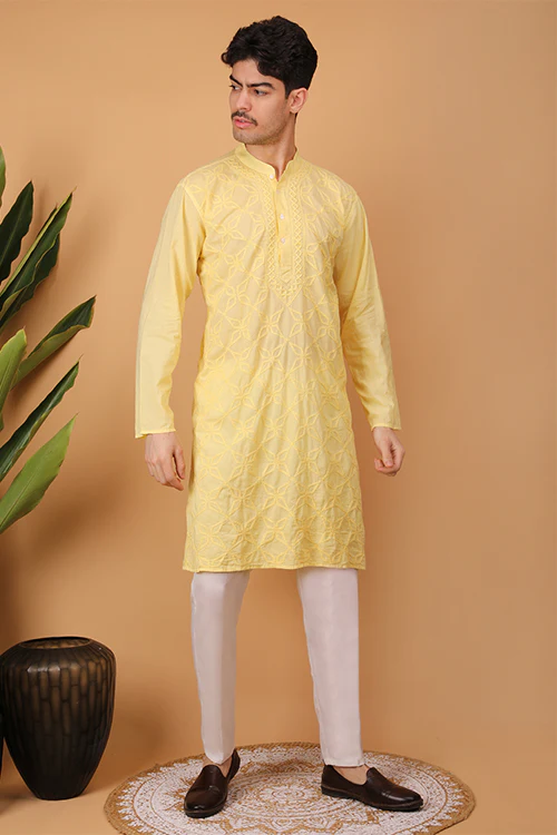 Shwet Men Cotton Yellow Chikankari Men Kurta - 302 - Image 6