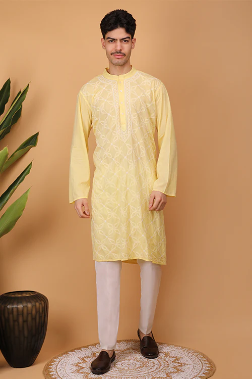 Shwet Men Cotton Yellow Chikankari Men Kurta - 301 - Image 3