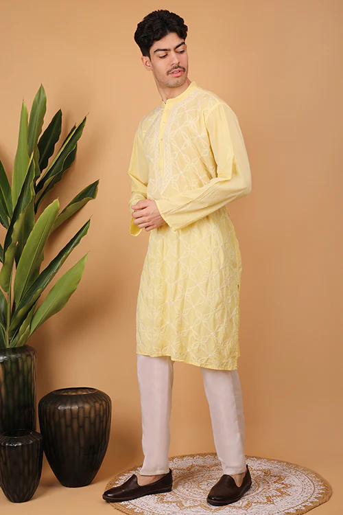Shwet Men Cotton Yellow Chikankari Men Kurta - 301 - Image 4