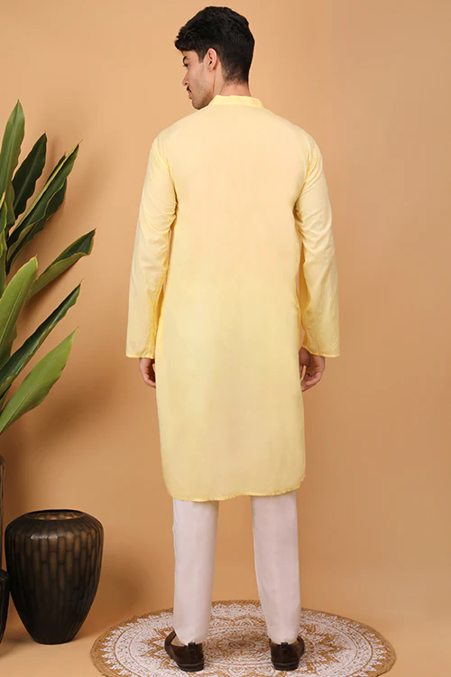 Shwet Men Cotton Yellow Chikankari Men Kurta - 301 - Image 5