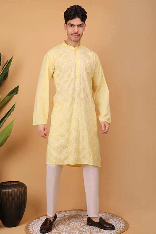 Shwet Men Cotton Yellow Chikankari Men Kurta - 301 - Image 6