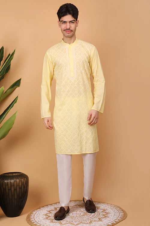 Shwet Men Cotton Yellow Chikankari Men Kurta - 303 - Image 3