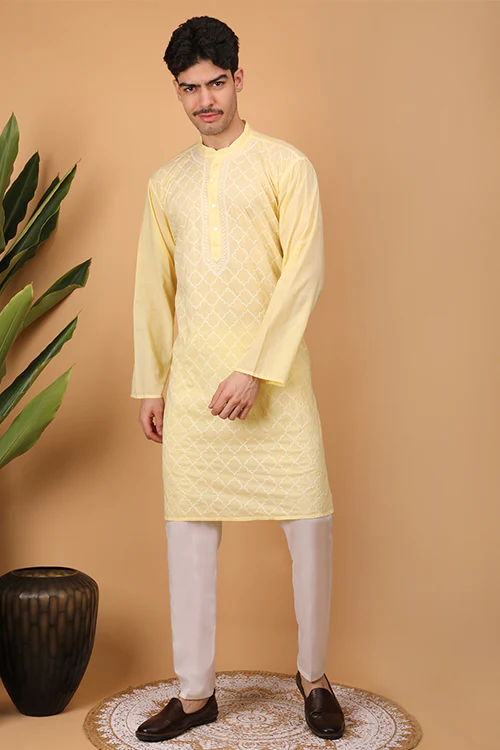 Shwet Men Cotton Yellow Chikankari Men Kurta - 303 - Image 4