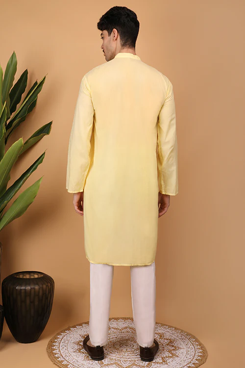 Shwet Men Cotton Yellow Chikankari Men Kurta - 303 - Image 5