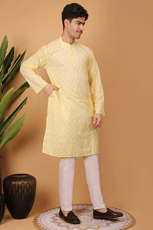 Shwet Men Cotton Yellow Chikankari Men Kurta - 303 - Image 6