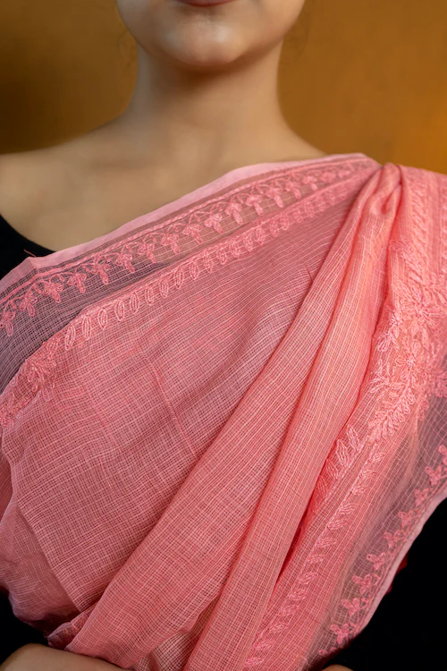 Shwet "Pastle Hues" Pink Chikankari Kota Cotton Silk Saree - Image 3