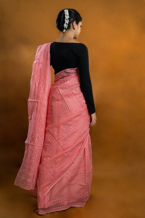 Shwet "Pastle Hues" Pink Chikankari Kota Cotton Silk Saree - Image 4