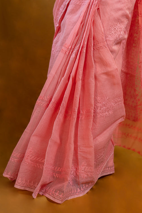 Shwet "Pastle Hues" Pink Chikankari Kota Cotton Silk Saree - Image 5