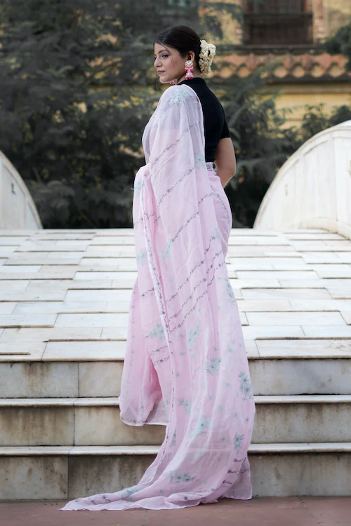 Shwet "Pastel Hues" Pink Chikankari Kota Cotton Saree - Image 3