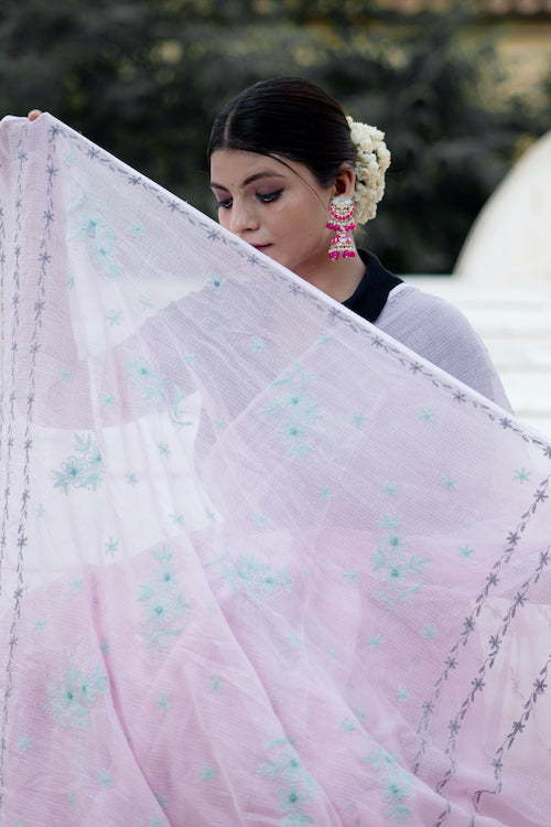 Shwet "Pastel Hues" Pink Chikankari Kota Cotton Saree - Image 4