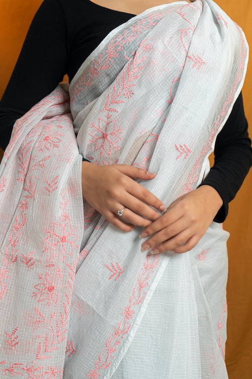 Shwet "Pastle Hues" Teal Green Chikankari Kota Cotton Silk Saree  - Image 3