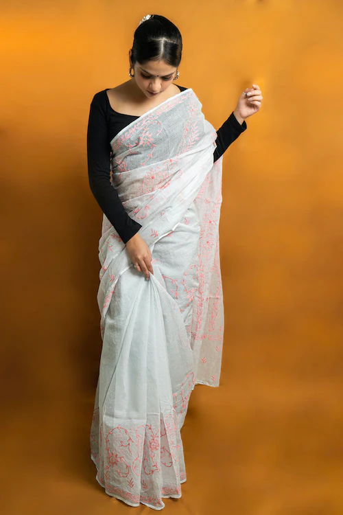 Shwet "Pastle Hues" Teal Green Chikankari Kota Cotton Silk Saree  - Image 4