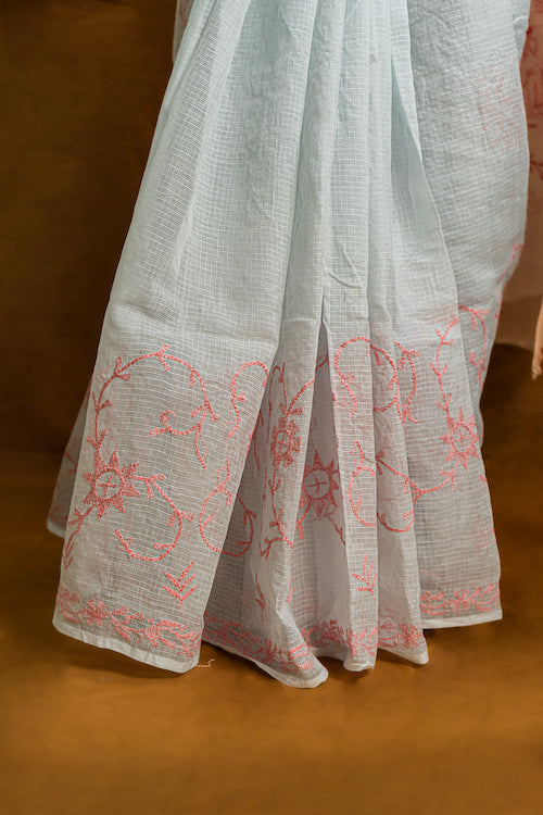 Shwet "Pastle Hues" Teal Green Chikankari Kota Cotton Silk Saree  - Image 5