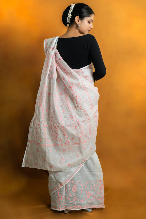Shwet "Pastle Hues" Teal Green Chikankari Kota Cotton Silk Saree  - Image 6