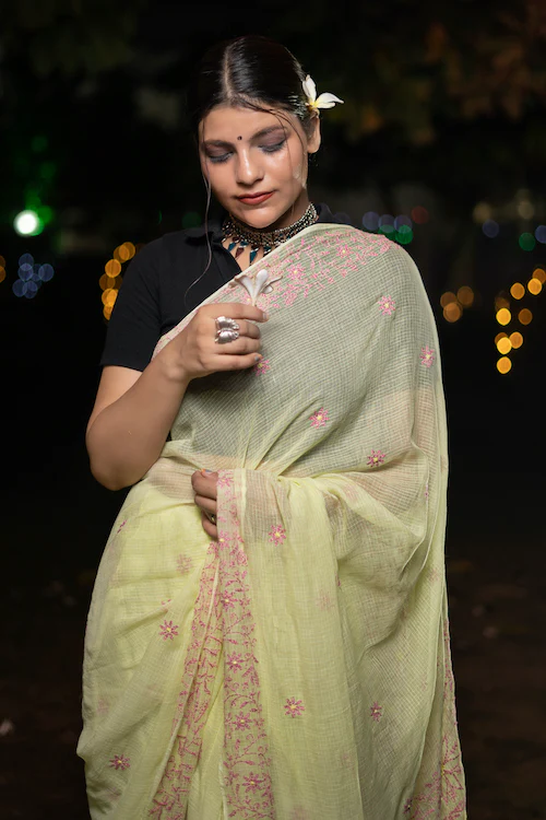 Shwet "Pastel Hues" Yellow Chikankari Kota Cotton Silk Saree