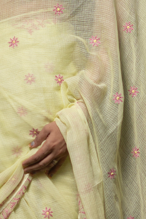 Shwet "Pastel Hues" Yellow Chikankari Kota Cotton Silk Saree - Image 2