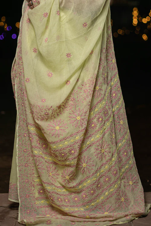 Shwet "Pastel Hues" Yellow Chikankari Kota Cotton Silk Saree - Image 3
