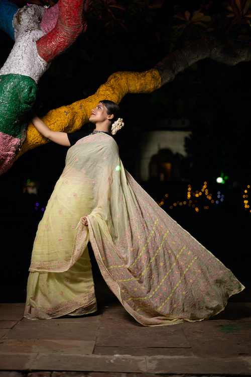 Shwet "Pastel Hues" Yellow Chikankari Kota Cotton Silk Saree - Image 4