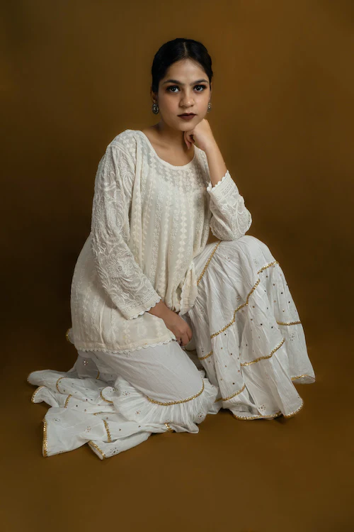 Shwet "Pastle Hues" White Cotton Garara - Image 5