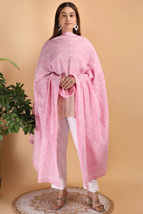 Shwet "Pestal Hues" Pink Chikankari Cotton Dupatta - Image 2