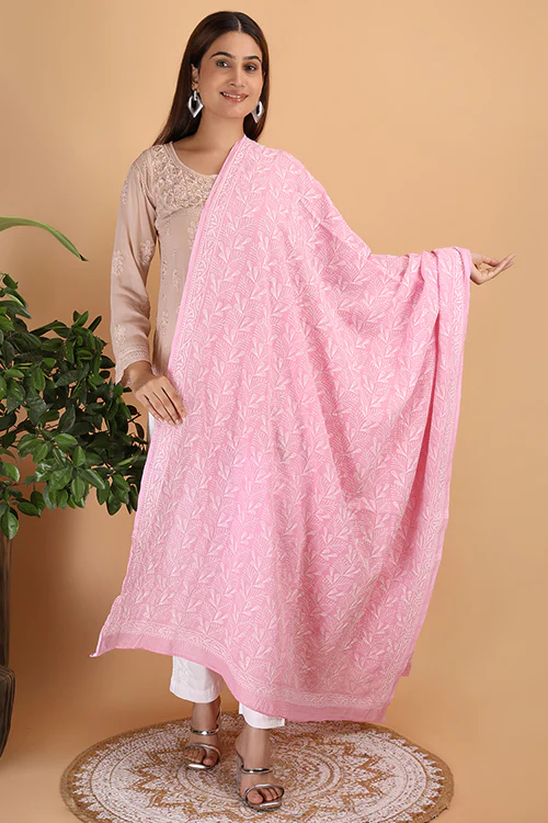 Shwet "Pestal Hues" Pink Chikankari Cotton Dupatta - Image 5