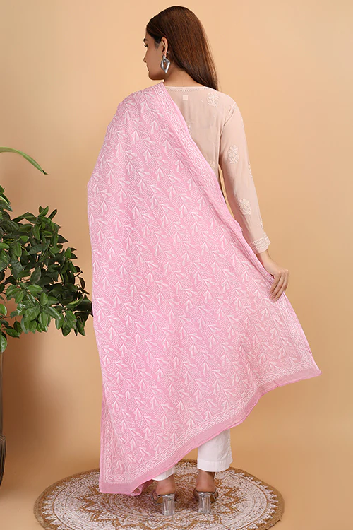 Shwet "Pestal Hues" Pink Chikankari Cotton Dupatta - Image 6