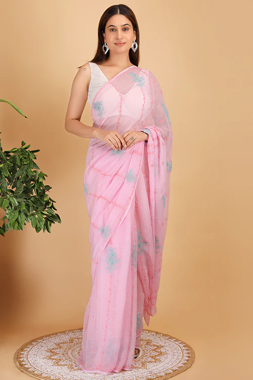 Shwet Pink Kota Cotton Chikankari Saree