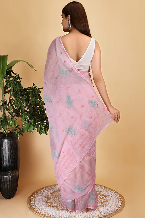 Shwet Pink Kota Cotton Chikankari Saree - Image 3