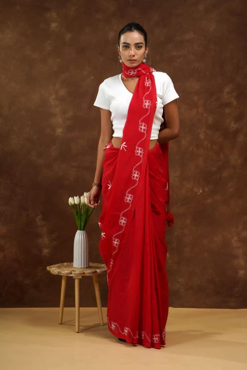 Shwet Red Hand Embroidered Chikankari Mulmul Saree