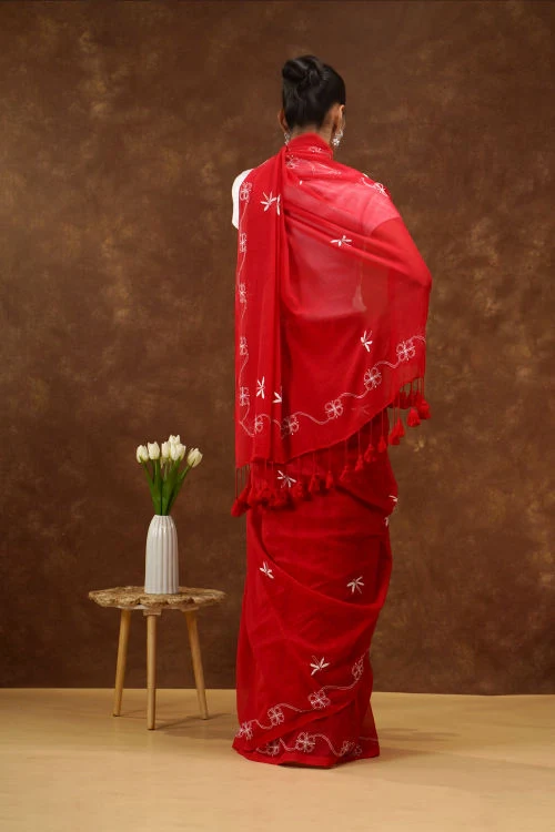 Shwet Red Hand Embroidered Chikankari Mulmul Saree - Image 6