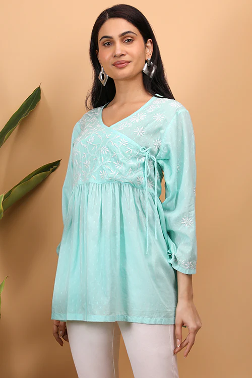Shwet Sea Blue Women Chikankari Angarkha Top - Image 3