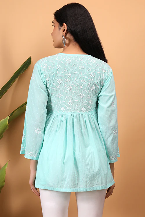 Shwet Sea Blue Women Chikankari Angarkha Top - Image 4