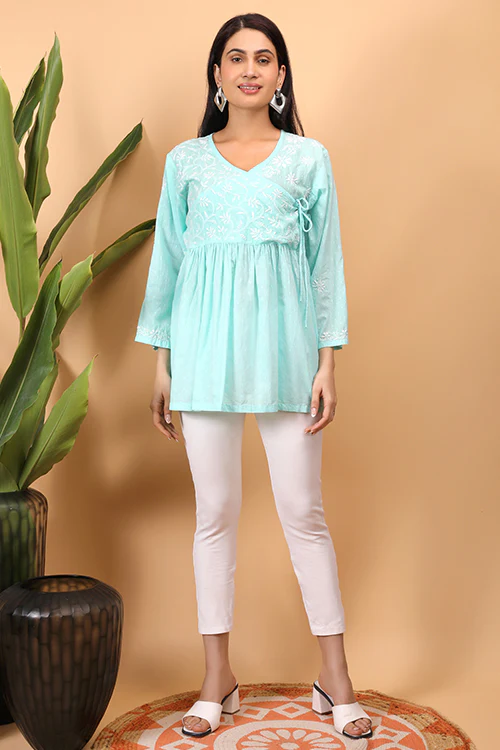 Shwet Sea Blue Women Chikankari Angarkha Top - Image 5