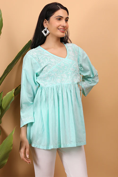 Shwet Sea Blue Women Chikankari Angarkha Top - Image 6