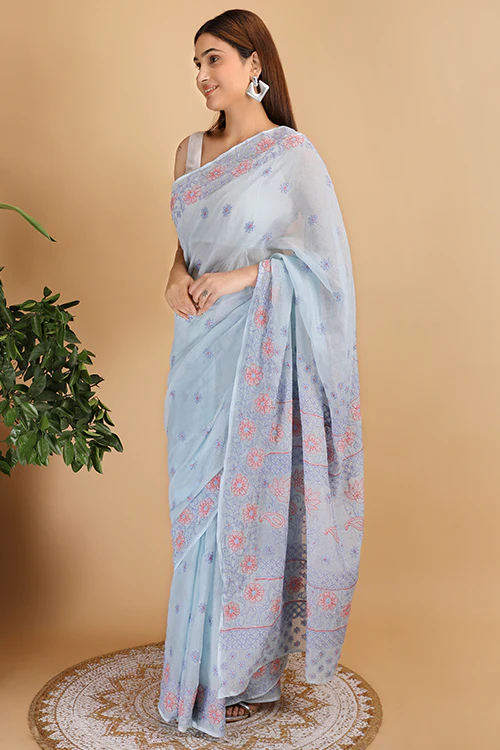 Shwet Sky Blue And Peach Kota Cotton Chikankari Saree - Image 3