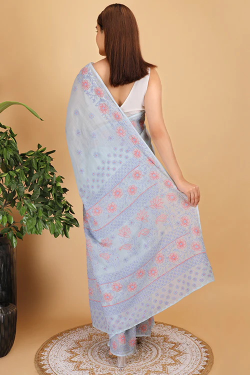 Shwet Sky Blue And Peach Kota Cotton Chikankari Saree - Image 5