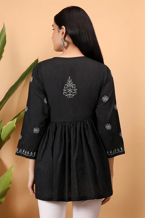 Shwet Women Black Chikankari Angarkha Top - Image 3