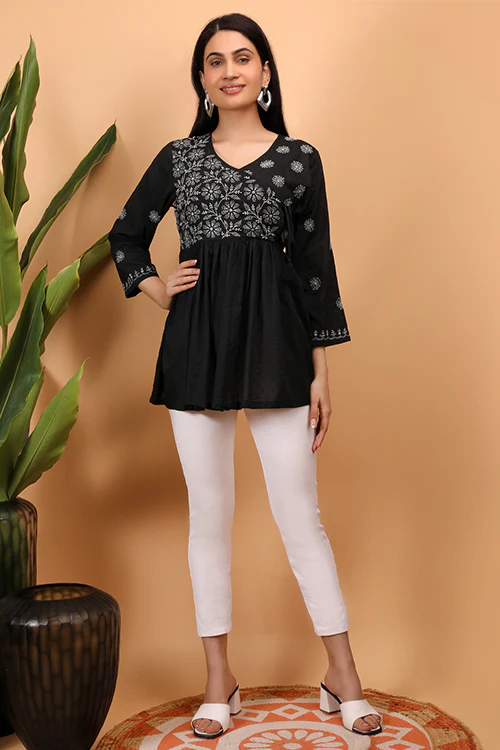 Shwet Women Black Chikankari Angarkha Top - Image 4