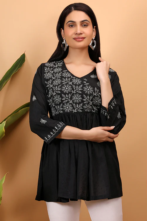 Shwet Women Black Chikankari Angarkha Top - Image 5