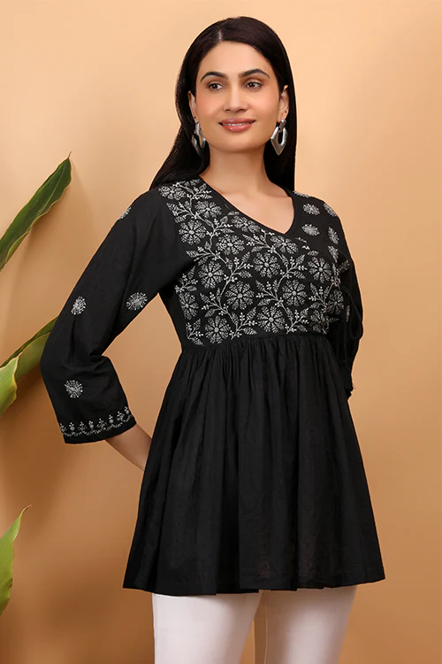 Shwet Women Black Chikankari Angarkha Top - Image 6