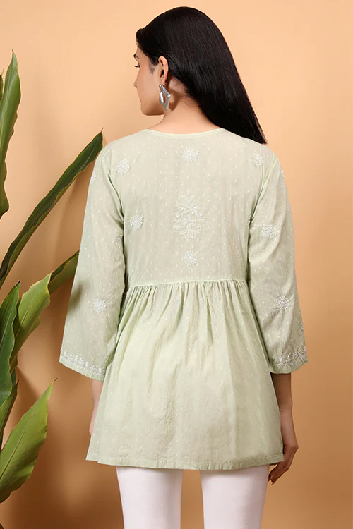 Shwet Women Cyan Green Chikankari Angarkha Top - 279 - Image 3