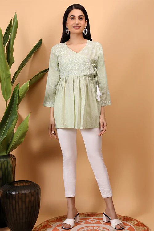 Shwet Women Cyan Green Chikankari Angarkha Top - 279 - Image 4