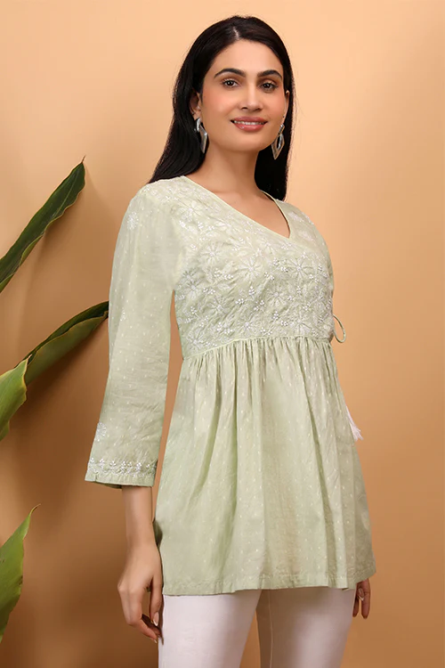Shwet Women Cyan Green Chikankari Angarkha Top - 279 - Image 6