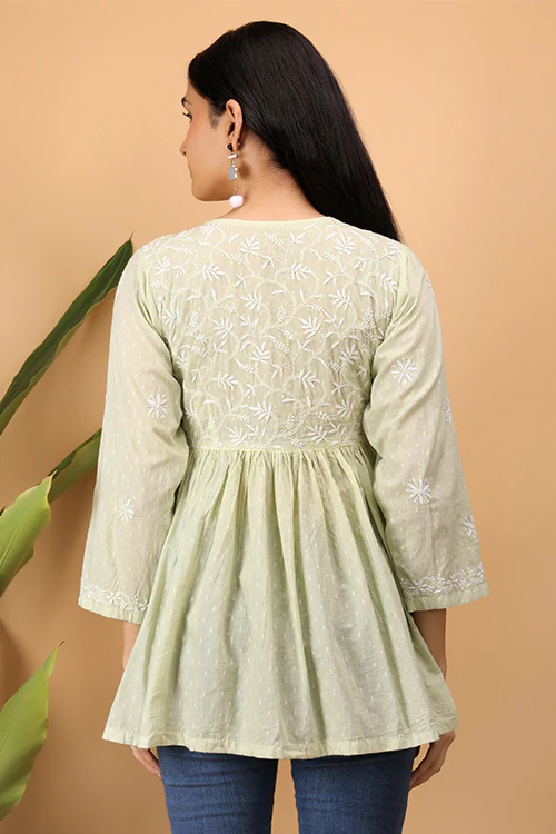 Shwet Women Cyan Green Chikankari Angarkha Top - Image 3