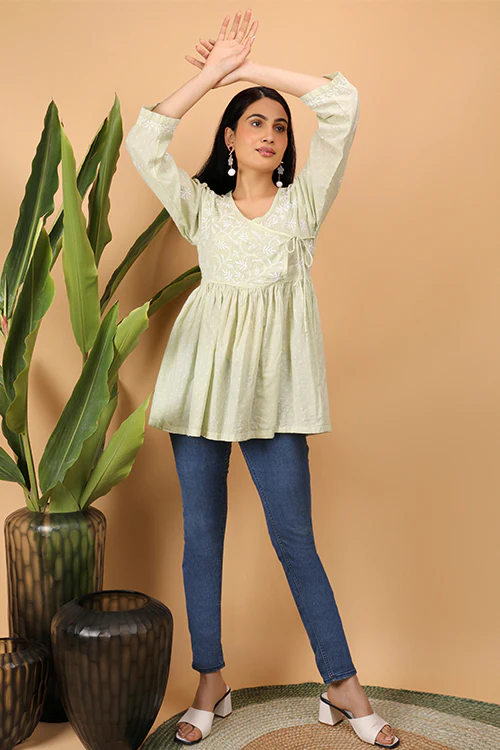 Shwet Women Cyan Green Chikankari Angarkha Top - Image 4